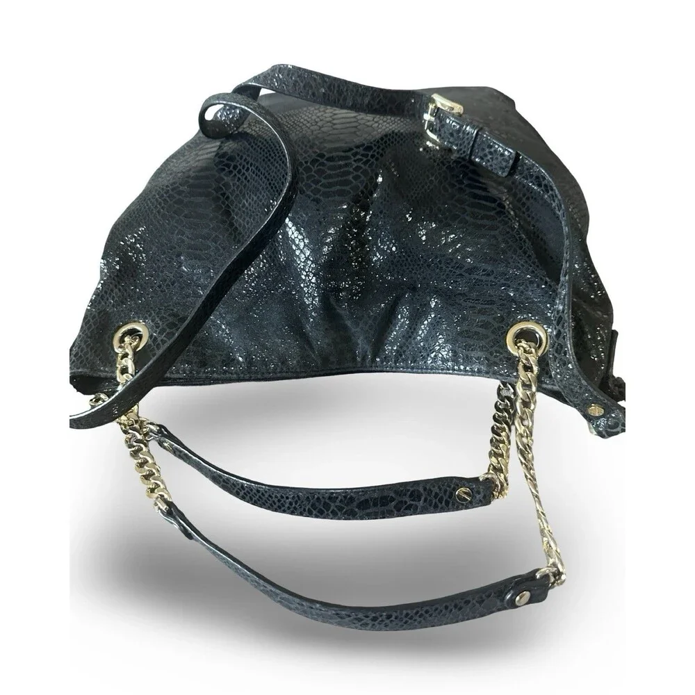 Michael Kors Black Glossy Embossed Leather Shoulder Bag Gold Chain Hobo Slouchy